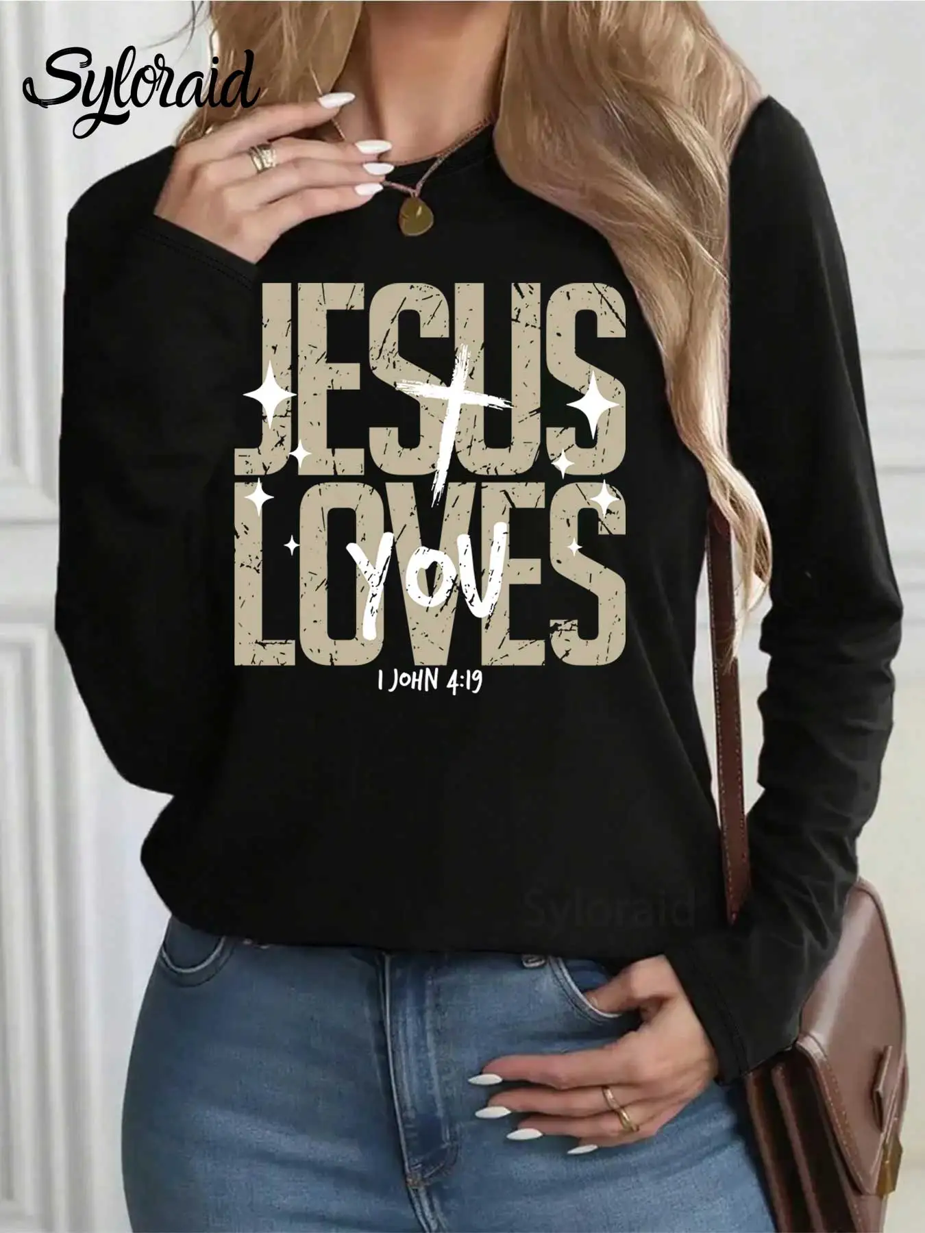 Langarm-T-Shirt für Damen, Jesus Loves You, T-Shirt, Bibelvers-Shirt, christliches T-Shirt, modisches Rundhals-Casual-Top