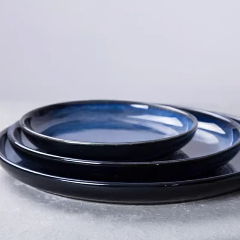 Retro Kiln Turned Blue Ceramic Plates, Round Soup Plates, Household Utensils, Snacks, Cake Racks, Fruit Plates, Kitchenware