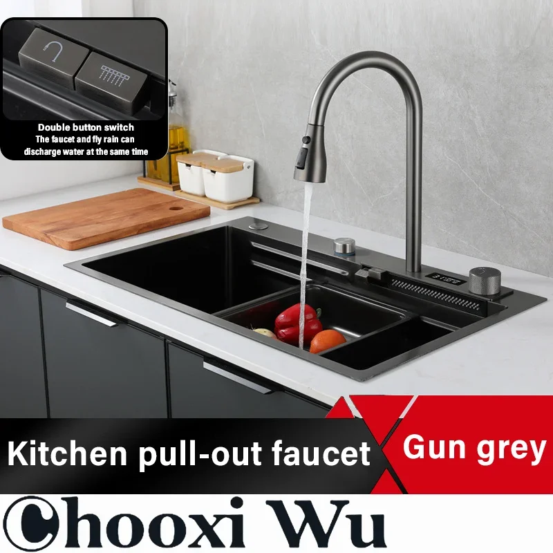 Kitchen pull-out sink faucet set intelligent digital display all-copper valve core multi-function water outlet