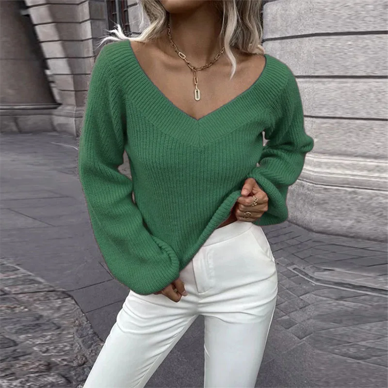 2023 European and American long sleeve pullover sweater women\'s autumn and winter new solid color versatile V-neck loose knitted