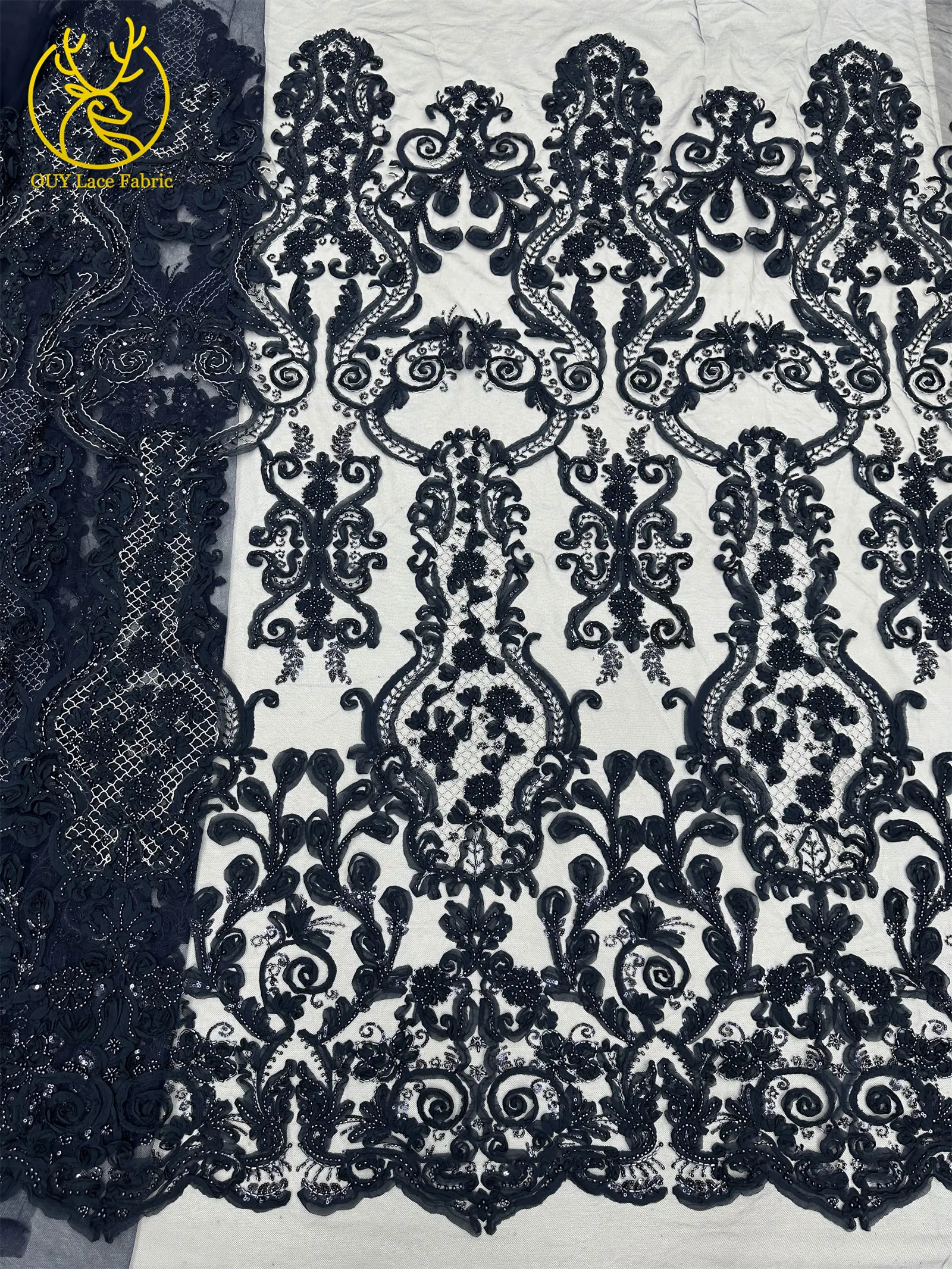 3D Afrikanischer Perlen-Spitzenstoff Schwarz Rot Luxuriöser Hochwertiger Französischer Pailletten-Tüll für Damen Abendkleid DIY Nähen 5 Yards – Detail 15