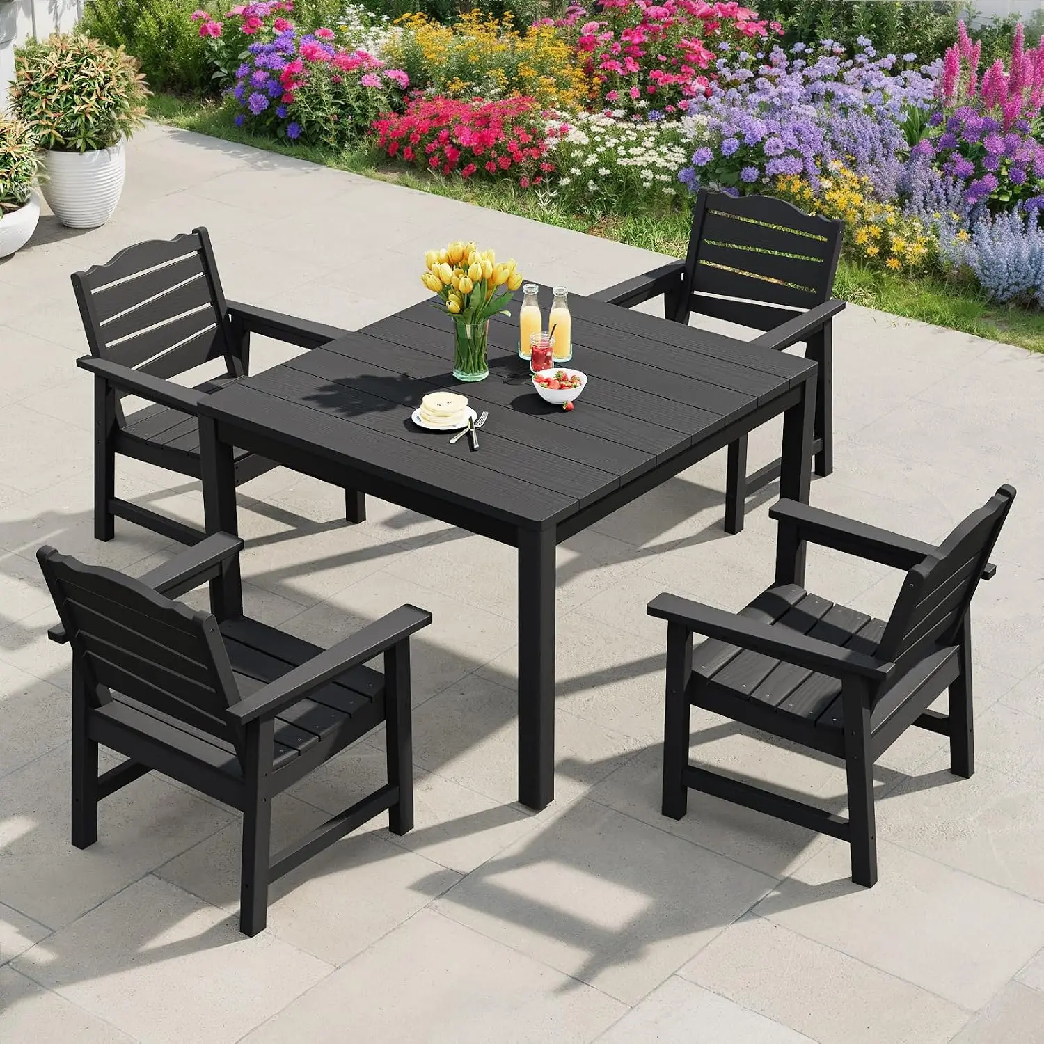 Outdoor Patio Dining Table Weatherproof 34 Inch Square HIPS Seats 4 2 Inch Umbrella Hole Backyard Deck Poolside Black