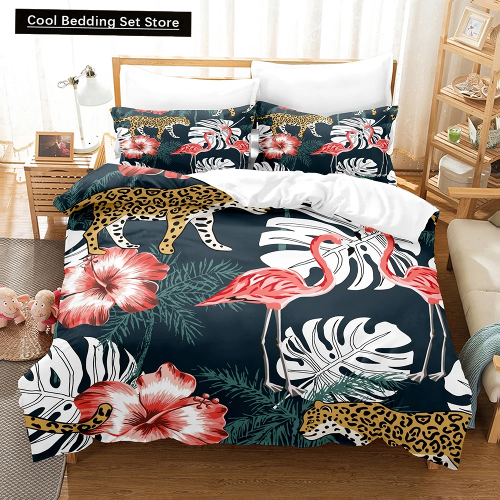 

Flamingo Duvet Cover King Queen Tropical Palm Leaves Flower Bedding Set for Adult Red Animal Floral 2/3pcs Polyester Quilt Cover