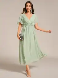 Elegant Evening Dresses Short Sleeves V-Neck Tea Length With Short Sleeves 2025 Ever Pretty of Dusty Navy Wedding Guest Dress