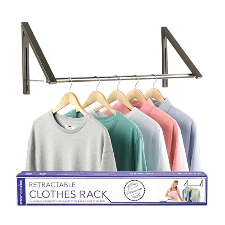 Double Foldable Clothing Rack w/ Extension Rod Wall-Mounted Retractable Clothes Hanger for Laundry Dryer Room Hanging Drying Ro