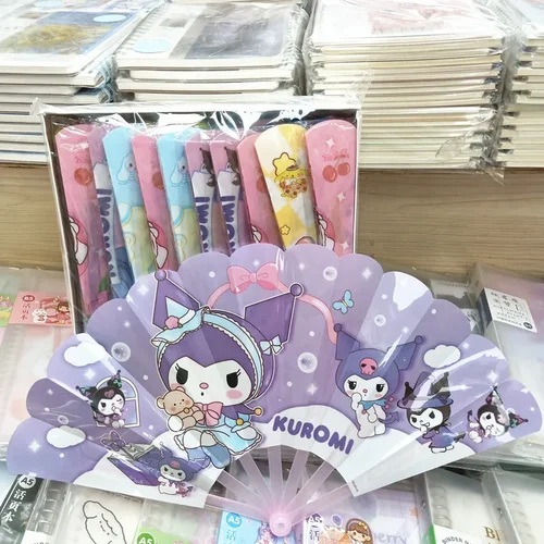 Sanrio Kuromi My Melody Cinnamoroll, ventilador de siete pliegues, Anime de dibujos animados, Pom, Purin, portátil, regalos de verano, venta al por mayor, 50 piezas