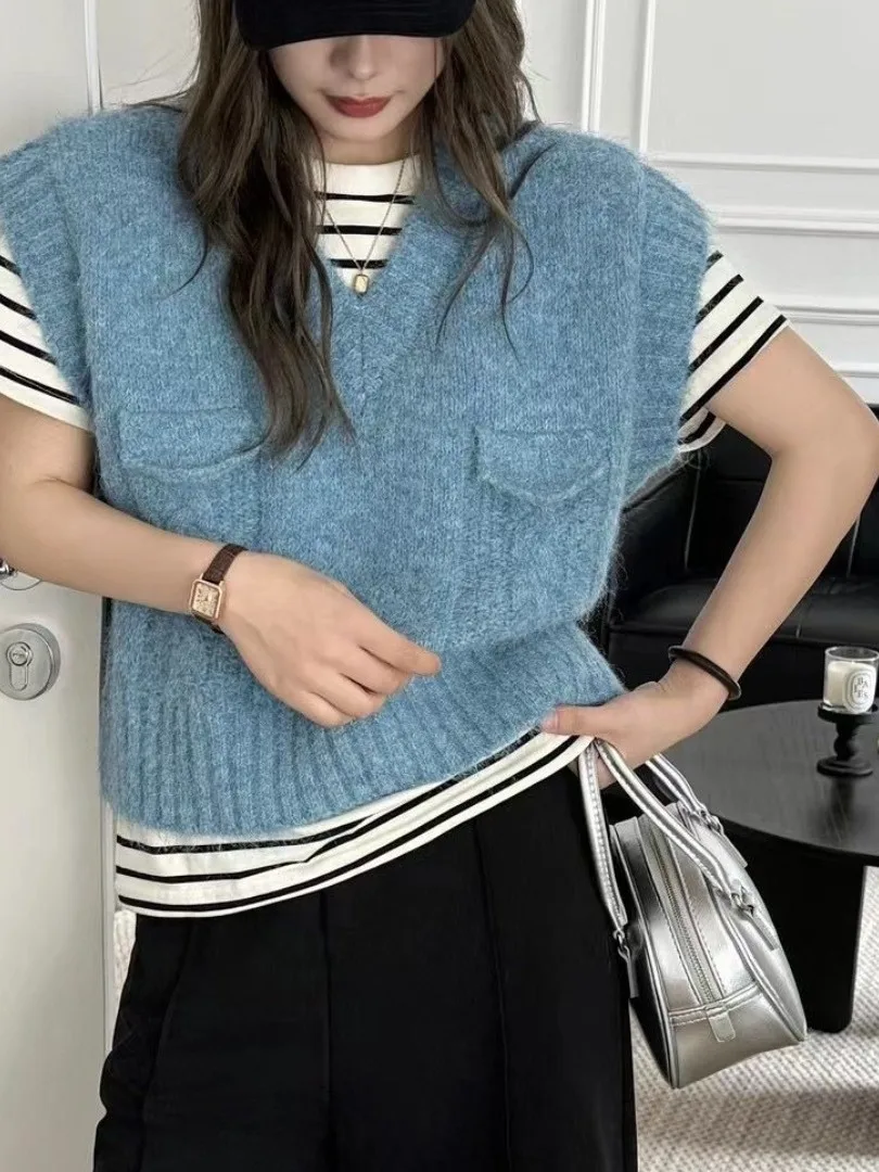 سترة نسائية محبوكة فضفاضة على شكل حرف V لربيع 2025 سترة عصرية قابلة للتنفس وطبقات متعددة الاستخدامات سترة كورية Sle