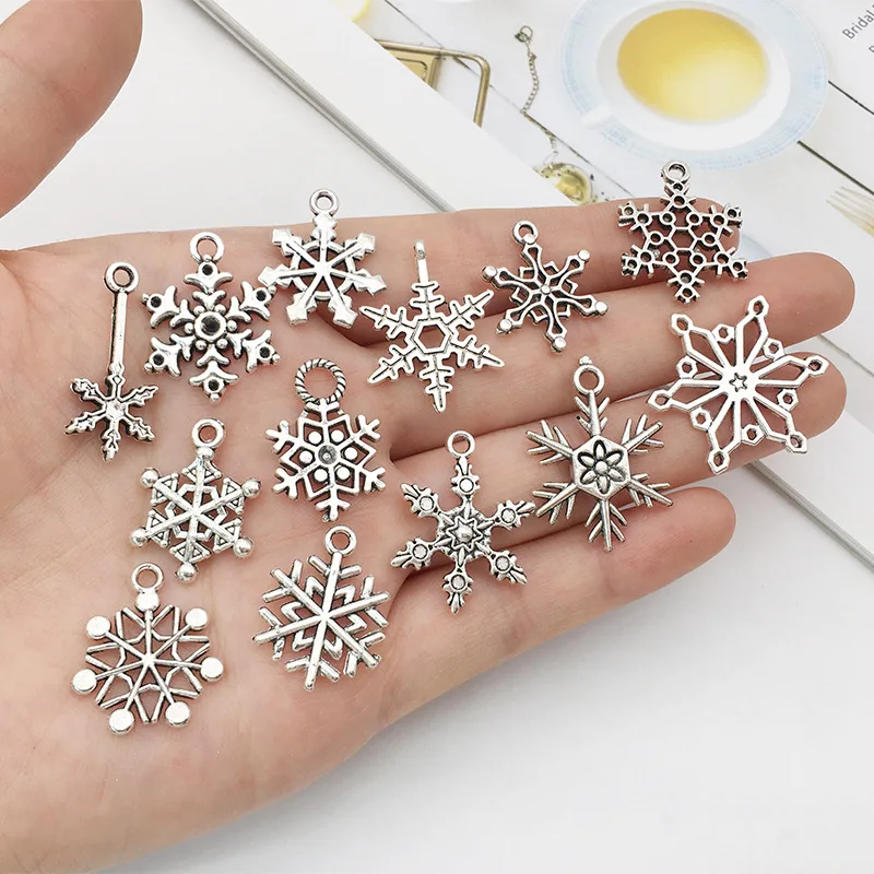 14pcs Mix Antique Silver Color Snowflake Charms For Jewelry Making Supplies Metal Retro Pendant Winter Christmas DIY Accessories