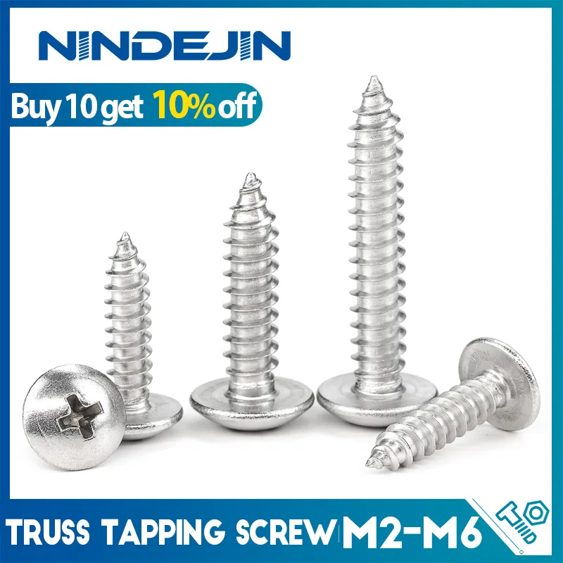 NINDEJIN 10-55pcs Cross Recessed Truss Head Self-tapping Screw Stainless Steel M3 M4 M5 M6 Phillips Mushroom Head Wood Screw