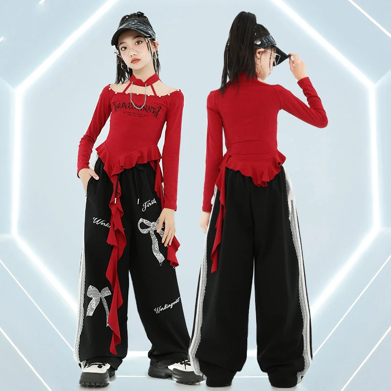 2025 Hip Hopสาวแจ๊สเต้นรําเสื้อผ้าสีแดงCrop Topsกางเกงสีดําแฟชั่นStreetสวมใส่เด็กคอนเสิร์ตHiphopประสิทธิภาพชุดBL14469