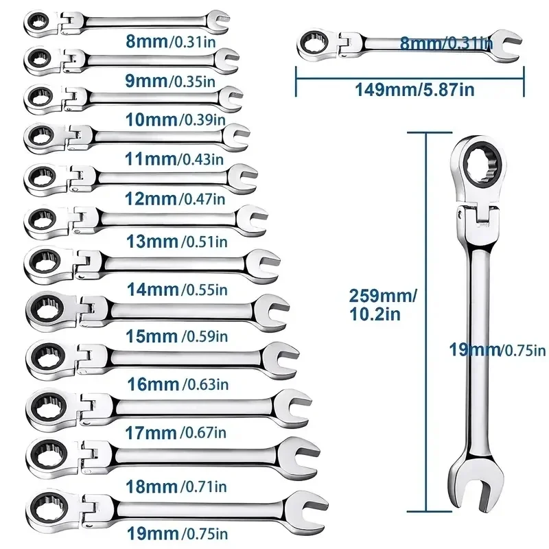 Flexible Pivoting Head Ratchet Wrench Spanner Garage Metric Hand Tool For Auto and Home Repair 1pcs