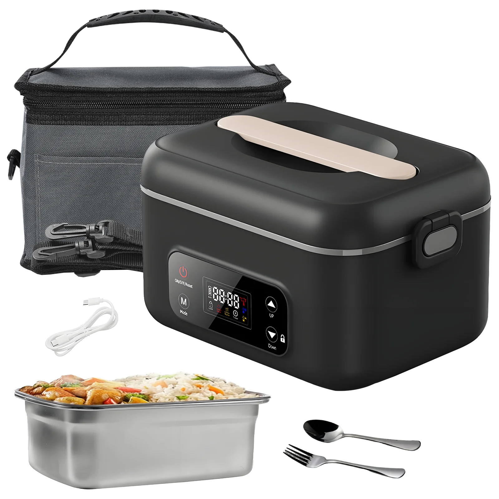 Boîte à lunch électrique rechargeable, boîte à lunch chauffante sans fil, conteneur alimentaire auto-chauffant alimenté par batterie, boîte bento portable, chauffe-aliments sans eau, doublure en acier inoxydable, pour le bureau, le travail, l'école, les voyages, la voiture, le camping, la maison, la cuisine, best-seller européen