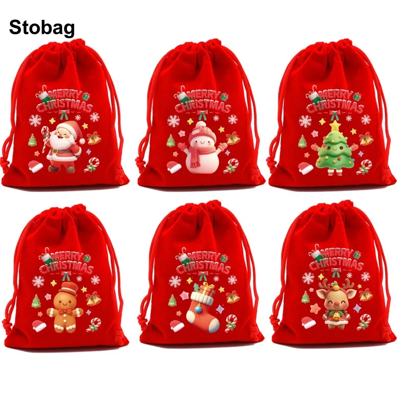 

StoBag 50pcs Wholesale Merry Christmas Velvet Bags Small Drawstring Candy Gift Storage Package Child Kids Pocket Pouches Party
