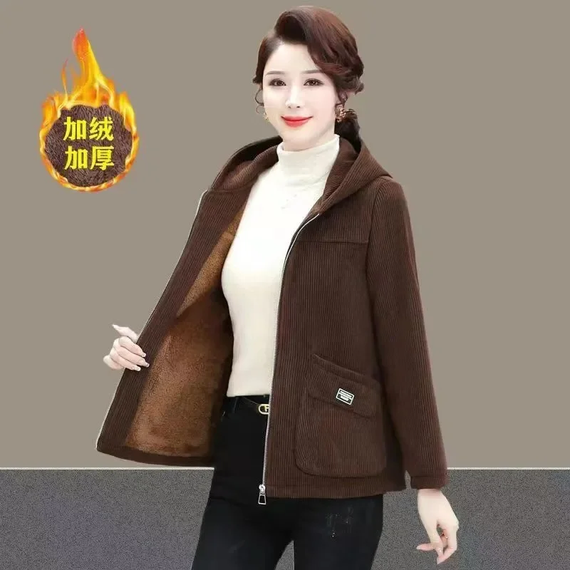 2024 Autumn Winter New Coat Women Corduroy Mother Jacket Add Velvet Warm Hooded Outerwear Ladies Casual Joker Large Size Blouse