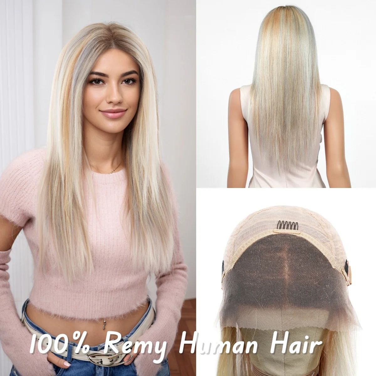 16 Inches Remy Human Hair Long Straight Platinum Blonde Highlights Wigs Hair 13*4 Lace Frontal Human Hair Wigs for Women