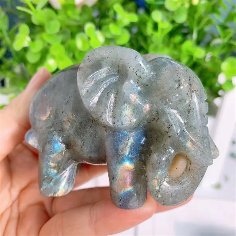 

7CM Natural Labradorite Elephant Quartz Crystal Figurine Carving Crafts Healing Crystal Stone Home Decoration 1PCS