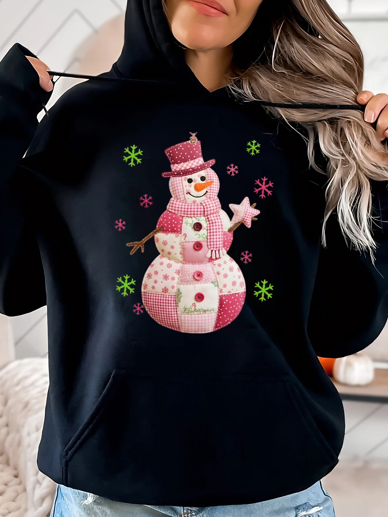 Sweat à capuche de noël imprimé bonhomme de neige rose pour femmes, tenue décontractée de vacances d'hiver, noire, grande taille