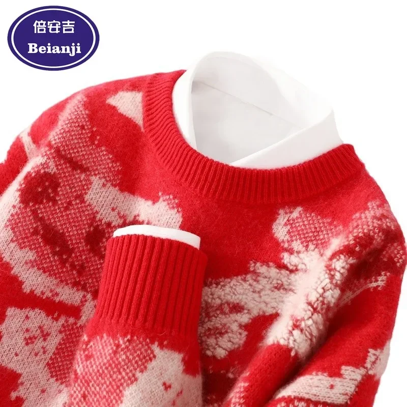 الرجال الشتاء سمكا منشفة التطريز الجاكار 100% رداء علوي من الصوف فضفاض الجولة الرقبة نمط السنة الجديدة طويلة الأكمام متماسكة الكشمير 2025 #5