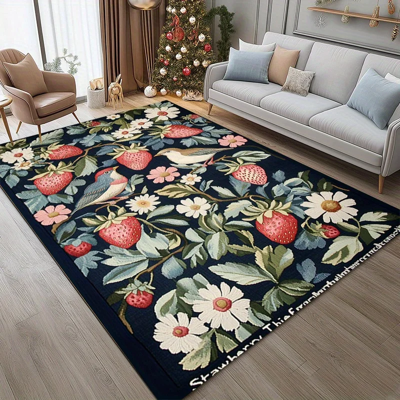 

Strawberry-Themed Christmas Doormat - Festive Floral Design with Strawberries, Cherries & Bird, Soft Polyester Material, Perfect