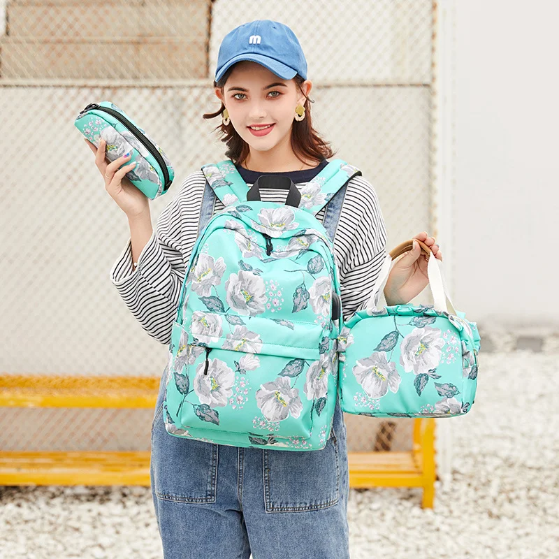 3pcs/set flower school bags for girls green floral food set children stationery pen pencil kids backpack