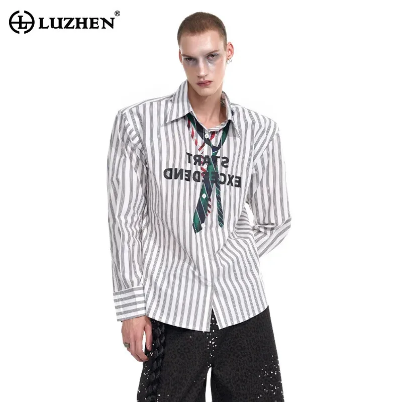 LUZHEN Long Original Necktie Decorate Stripe Printed Letter Loose Sleeve Shirts Men 2026 Autumn New Fashion Handsome Tops JY8214