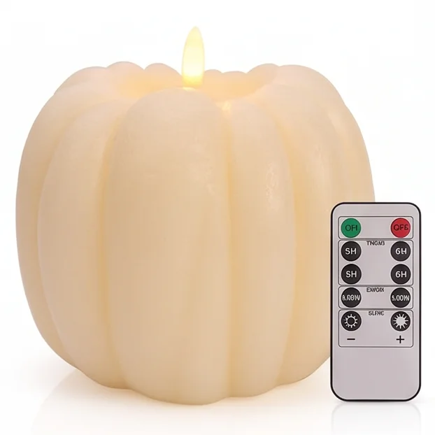 Ribbed Texture Pumpkin Candle Light with Warm Flicker Glow Remote Control Operated AA Battery Decor for Autumn Shelf and Table