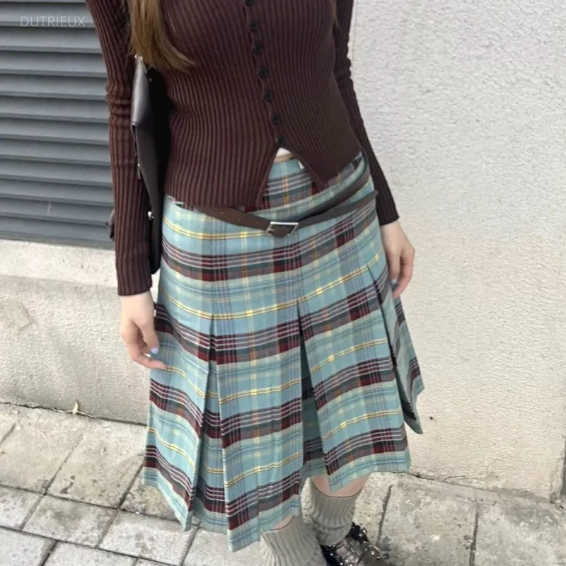 Y2k Elegant Vintage Plaid Ruched Skirts Summer High Waist A-line Skirt For Women 2026 New Mid-length Loose Faldas Mujer