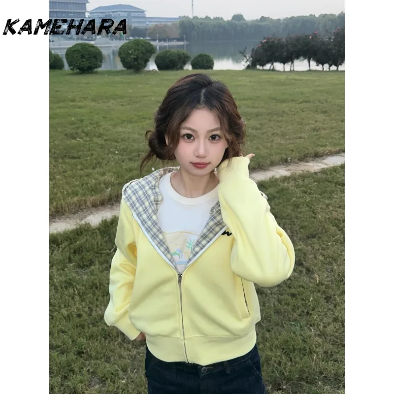 

KAMEHARA Korean Version Zipper Sweatshirts Coats American Plaid Patchwork Hooded Coat Spring Embroidery Yellow Hoodies Cardigan