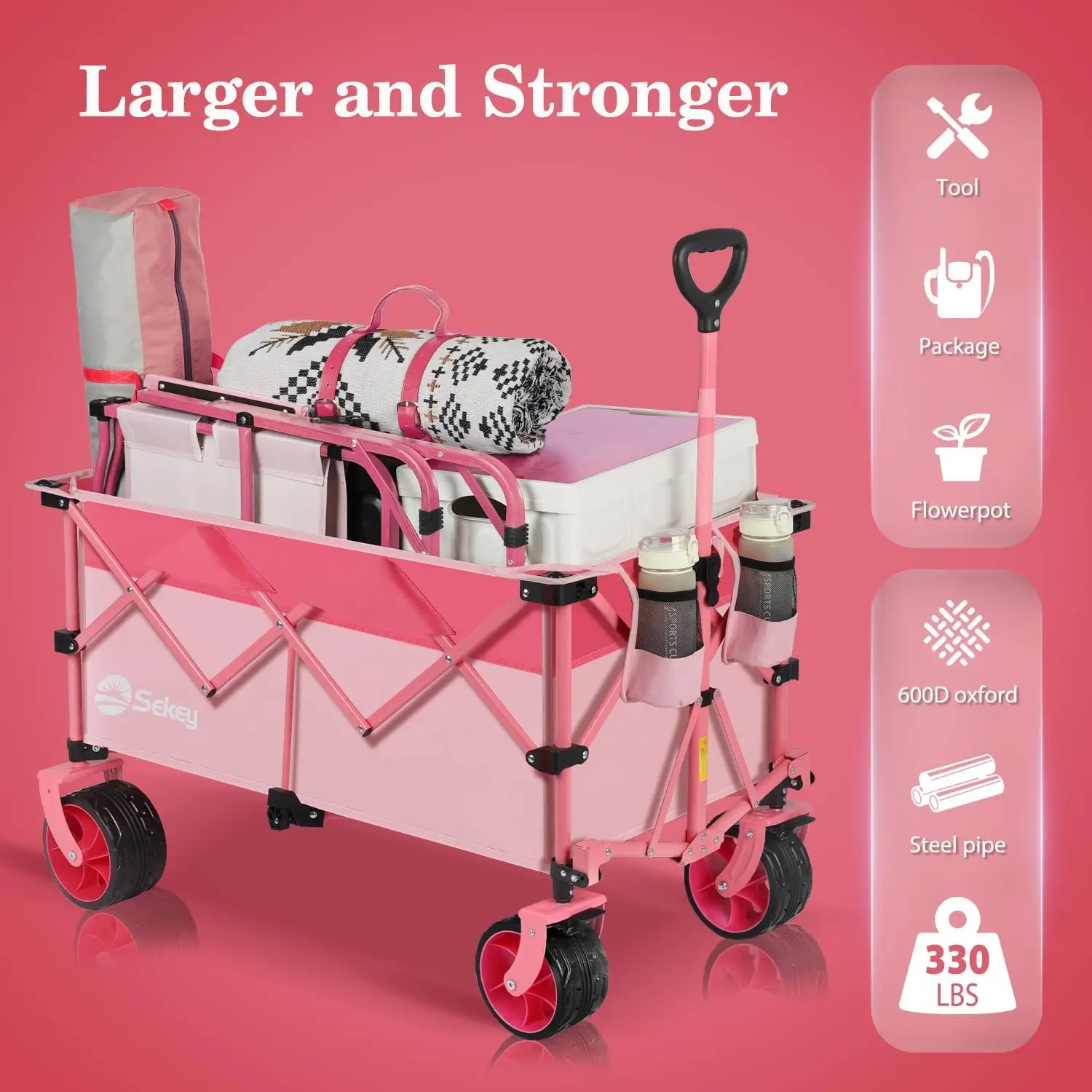 Sekey 220L Collapsible Foldable Wagon 330lbs Weight Capacity Heavy Duty Utility Garden Cart Big All-Terrain Beach Wheels Pink