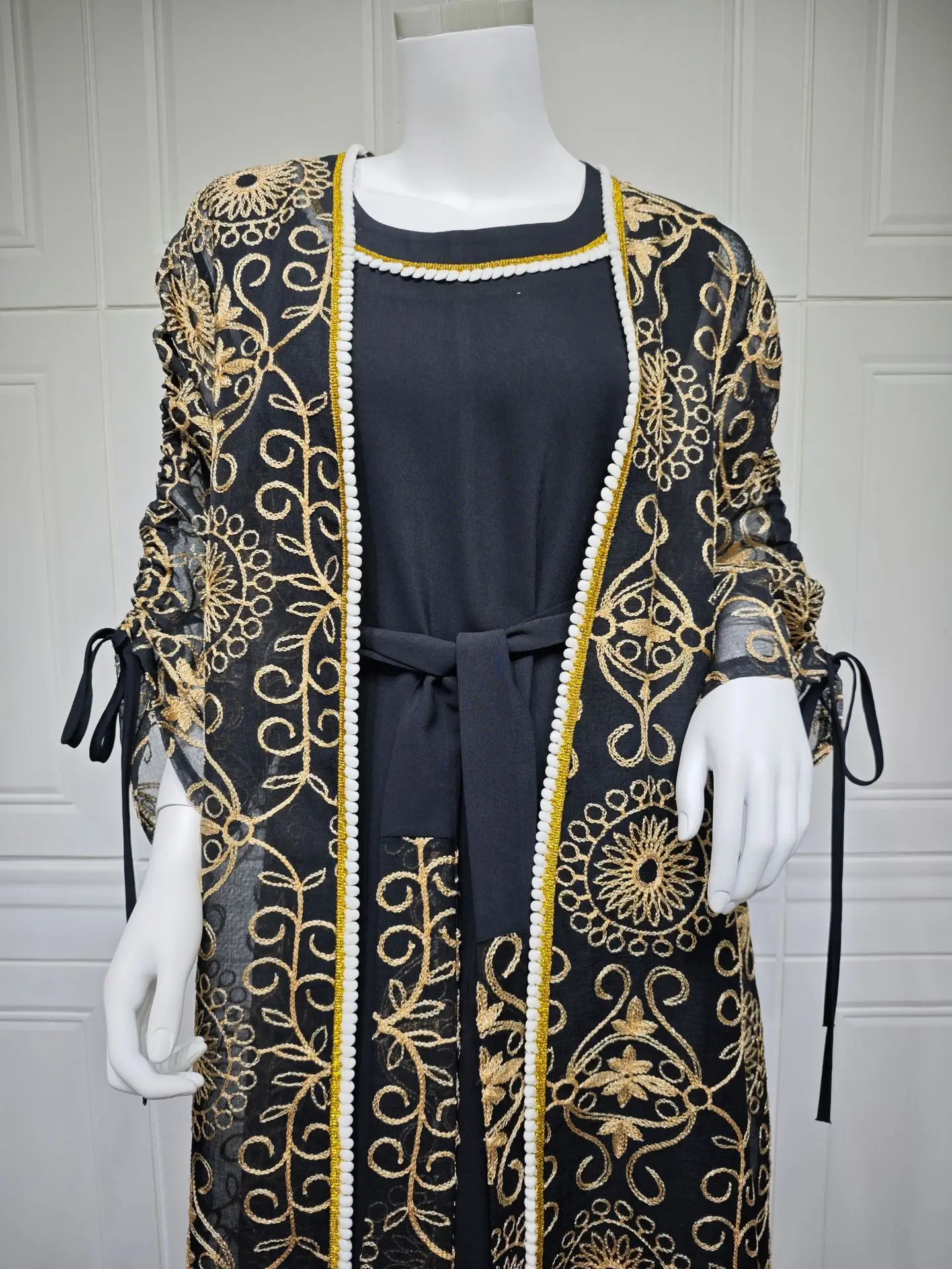 Uni dubaï Ramadan broderie élégant abaya deux pièces musulman élégant femmes robe de soirée col rond ceinturé caftan
