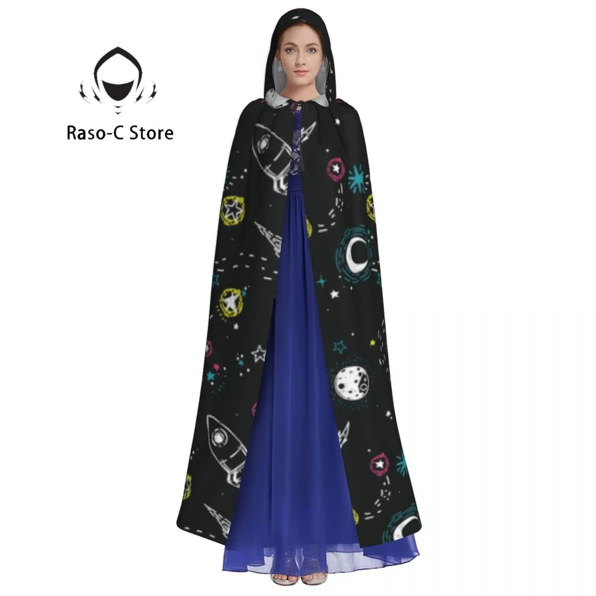 Stars Rockets Comets And Planets Hooded Cloak Polyester Unisex Witch Cape Costume Accessory