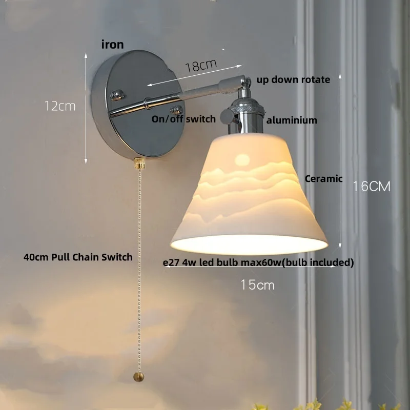 IWHD Iron Ceramic LED Wall Lights Living Room Balcony Study Nordic Modern Pull Chain Switch Bedroom Bedside Lamp Sconce Wandlamp