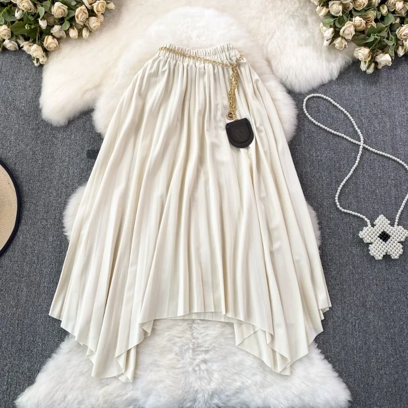 새로운 가을 겨울 한국식 하이 웨이스트 플리츠 스커트 슬림 플로잉 룩 중간 길이 무릎 길이 불규칙한 A 라인 스커트