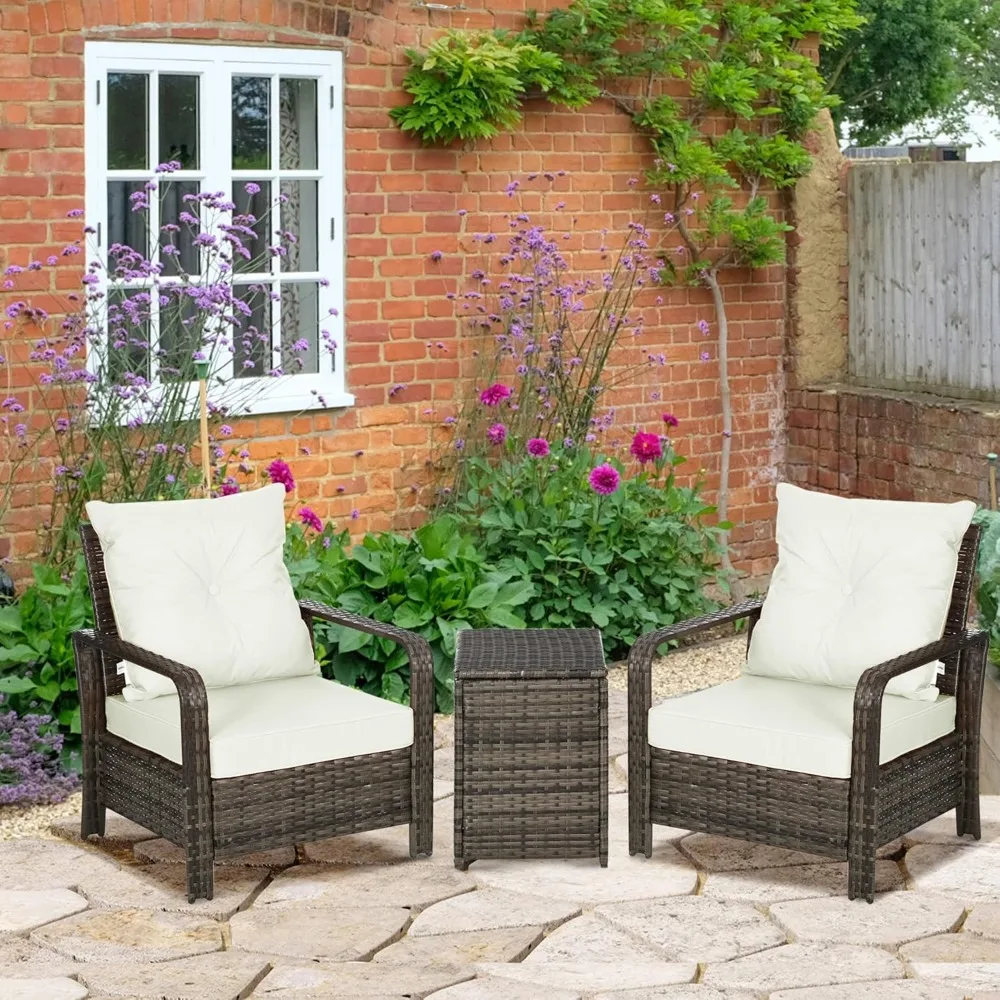 

3-piece set of terrace furniture, rattan storage tables and chairs, with plush mats, suitable for outdoor gardens and backyards