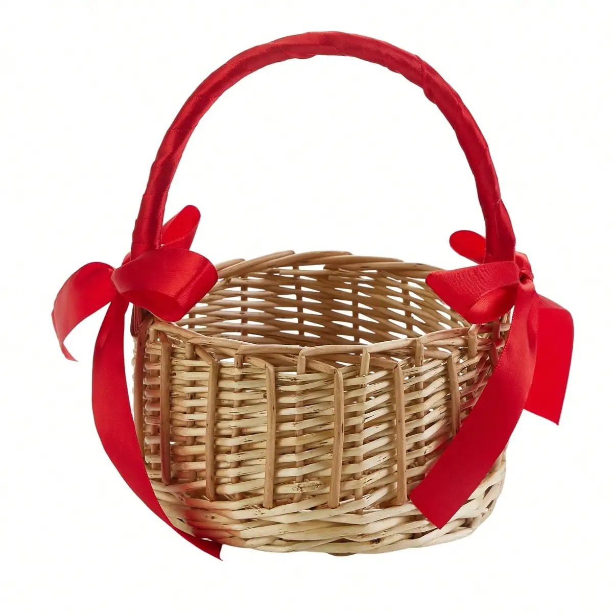 Wicker Rattan Flower Girl Basket With Bows Elegant Rustic Bows Large Capacity Lightweight Portable Basket For Storage, Wedding Flower Girl Basket And Home Decorations