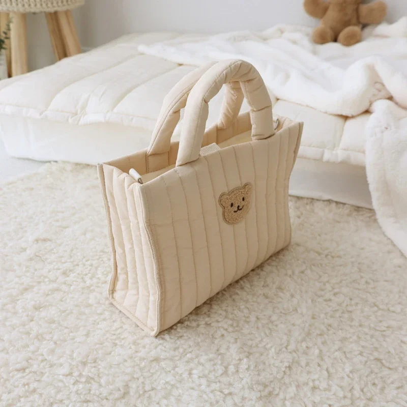 Little Bear Rabbit Down Handbag Korean New Fashion Women\'s Bag Minimalist Car Sewn Vertical Stripe Casual Wrist Bag purse