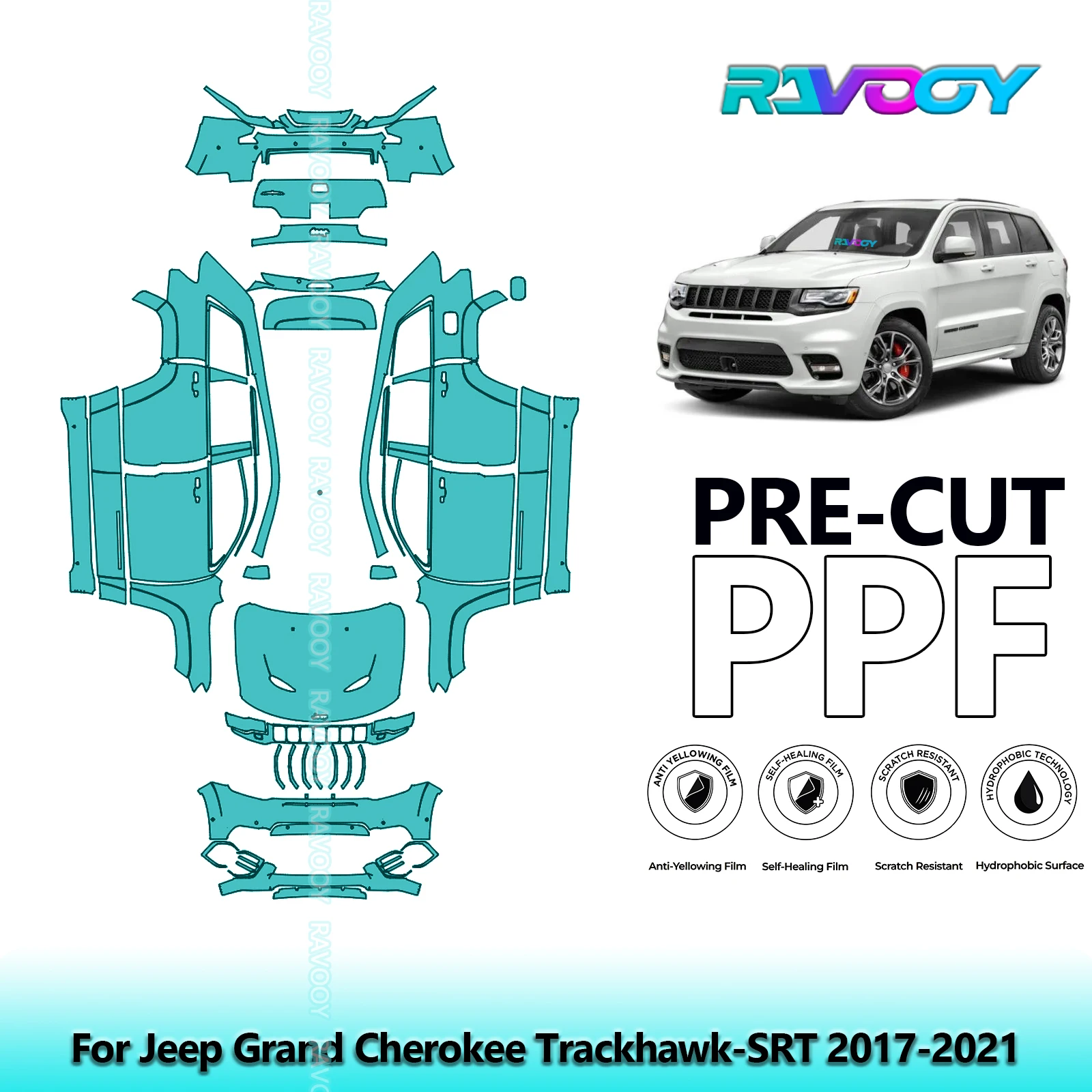 

8.5Mil Precut PPF Paint Protection Film Full Vehicle For Jeep Grand Cherokee Trackhawk-SRT 2017-2021Clear Bra