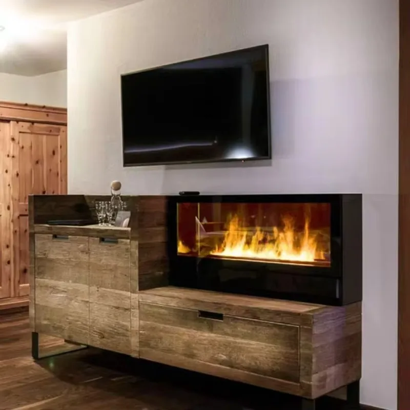 

New Interior Furniture Decor Neon Flame 3 Sided Electric Fireplace Tv Stand Embedded Water Atomized Wood Fireplace 80 Inch