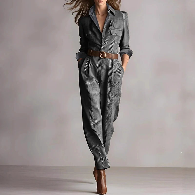 بدلة قفز كلاسيكية منقوشة عالية الخصر للسيدات أنيقة بياقة قميص وزر نحيف بدلة خريف بأكمام طويلة وجيب رومبير وزرة