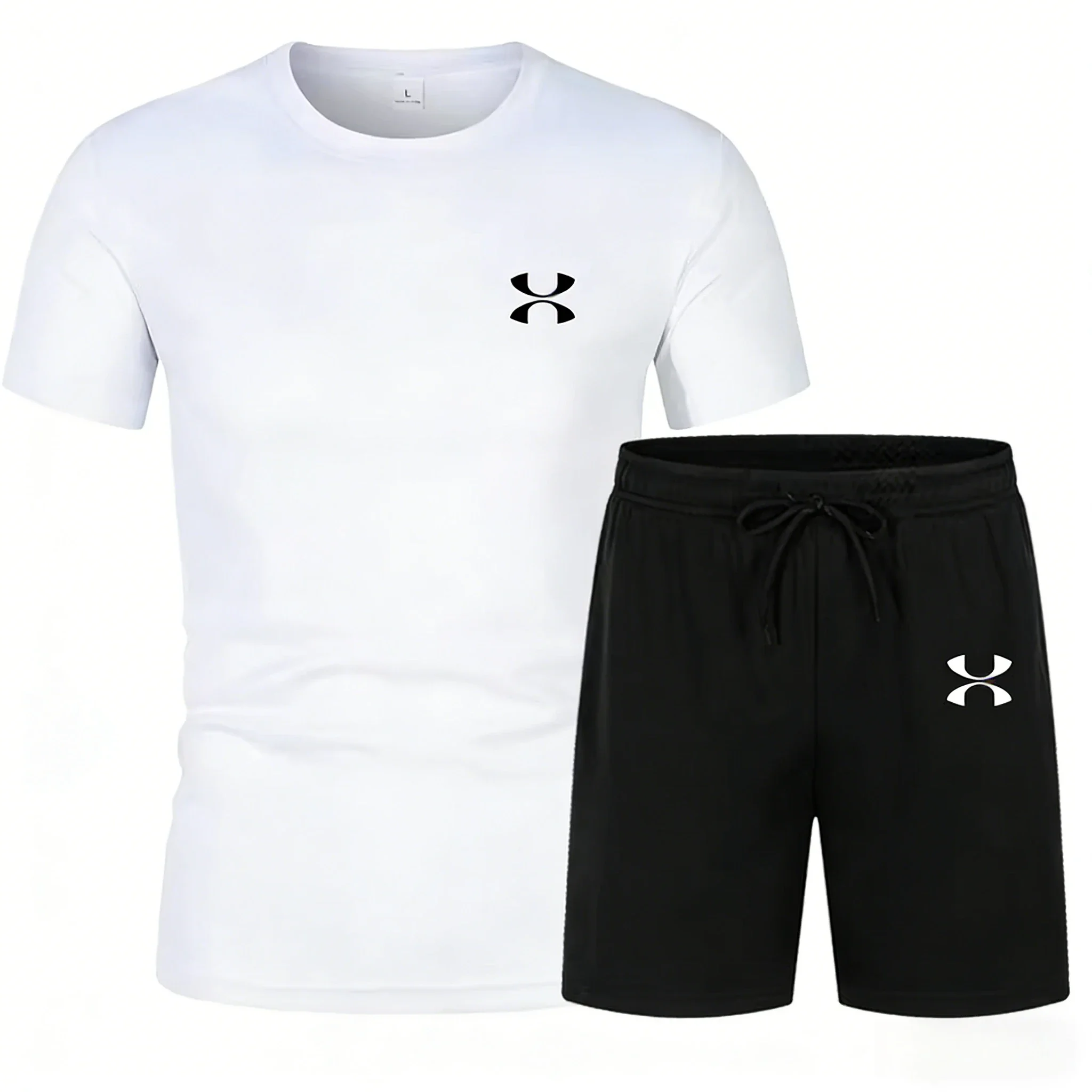 

2026 2-Piece Men's Summer Quick drying Loose And Breathable Short Sleeved T-shirt Running And Fitness Black Pocket Shorts