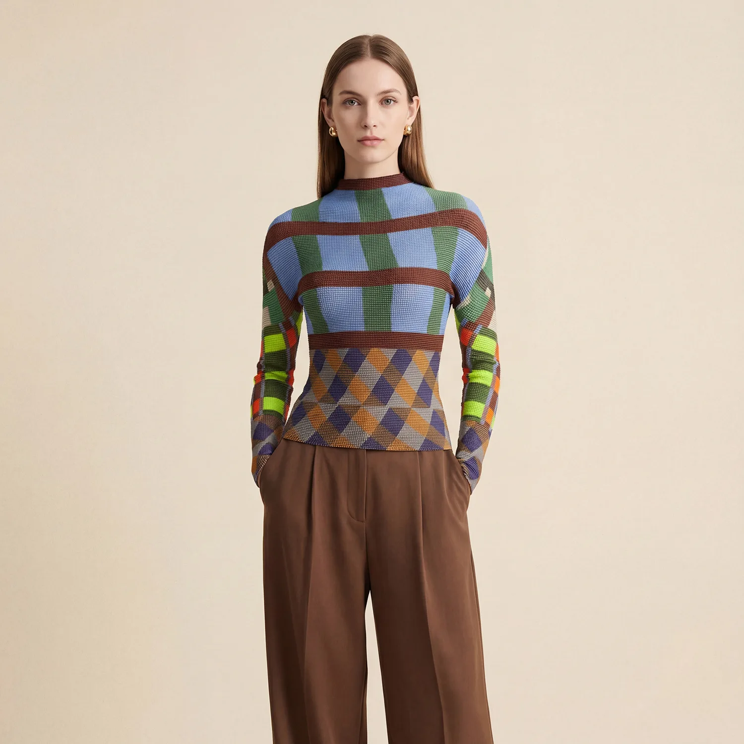 미야케 플리츠 패션 여성용 2026 템퍼먼트 레트로 프레스드 플리츠 스프링 스트레치 얇은 이지 케어 프린트 풀오버 탑