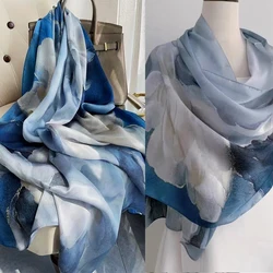 Xale longo para mulher, estilo china, azul e branco, 100% seda, lenços, hijabs, marca de moda outono e inverno