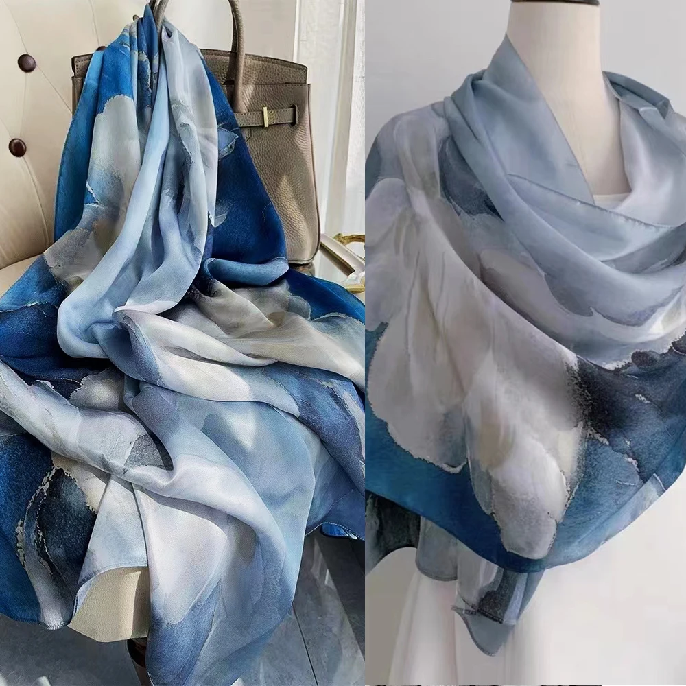 China Style Blue White 100% Silk Flower Szalik damski Szal Dufanda Jesień Zima Długie szaliki Hidżaby Moda Marka Jedwabny szalik