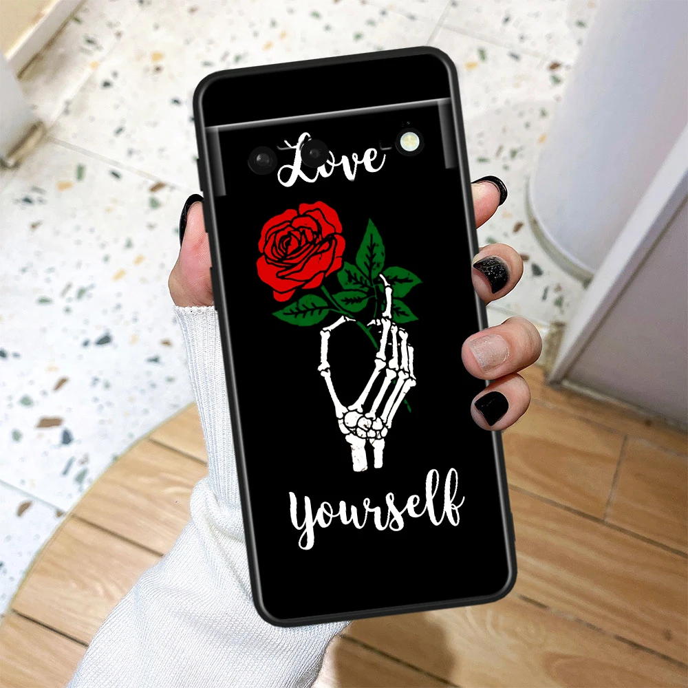 Roses Skull Art Cool For Google Pixel 8 7A 7 6A 6 5A 5 4 4A XL 5G Black Silicon Shockproof Shell Cover Phone Case