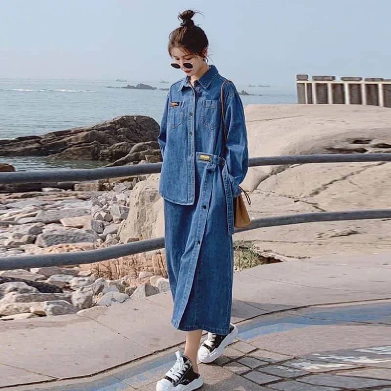 

Denim Women Dresses Vintage Casual Polo-neck Long Sleeve Irregular Button Design Korean Style Mid-calf Dress for Women Clothing