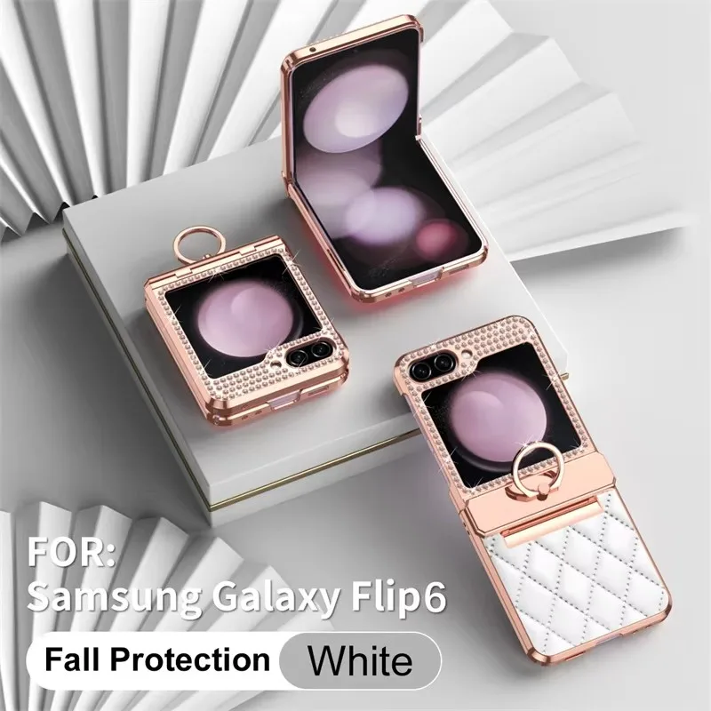 

Leather Plating Glitter Bling Diamond Hinge Phone Cover For Samsung Galaxy Z Flip 6 5 4 3 5G Shockproof Ring Protective Case