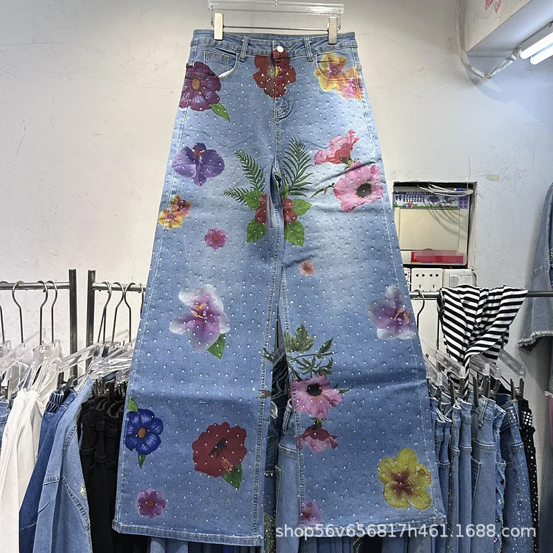 

Роскошные женские джинсы с цветочным принтом и цветочным принтом, новинка 2026, весенние модные джинсы с бриллиантами, широкие прямые брюки с высокой талией