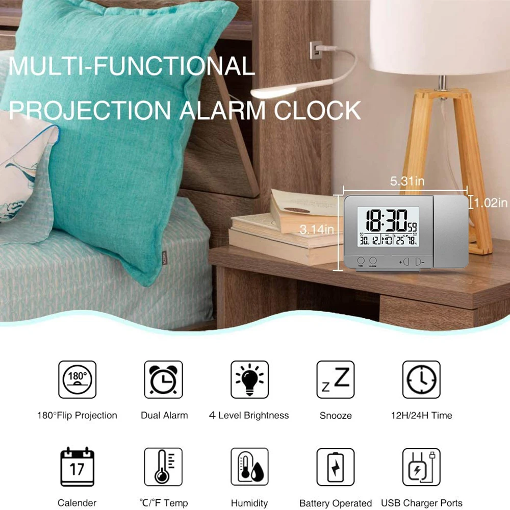 Projection Alarm Clock for Bedroom with Thermometer Hygrometer Digital  Ceiling Clock Dimmable LED Display with USB Charger