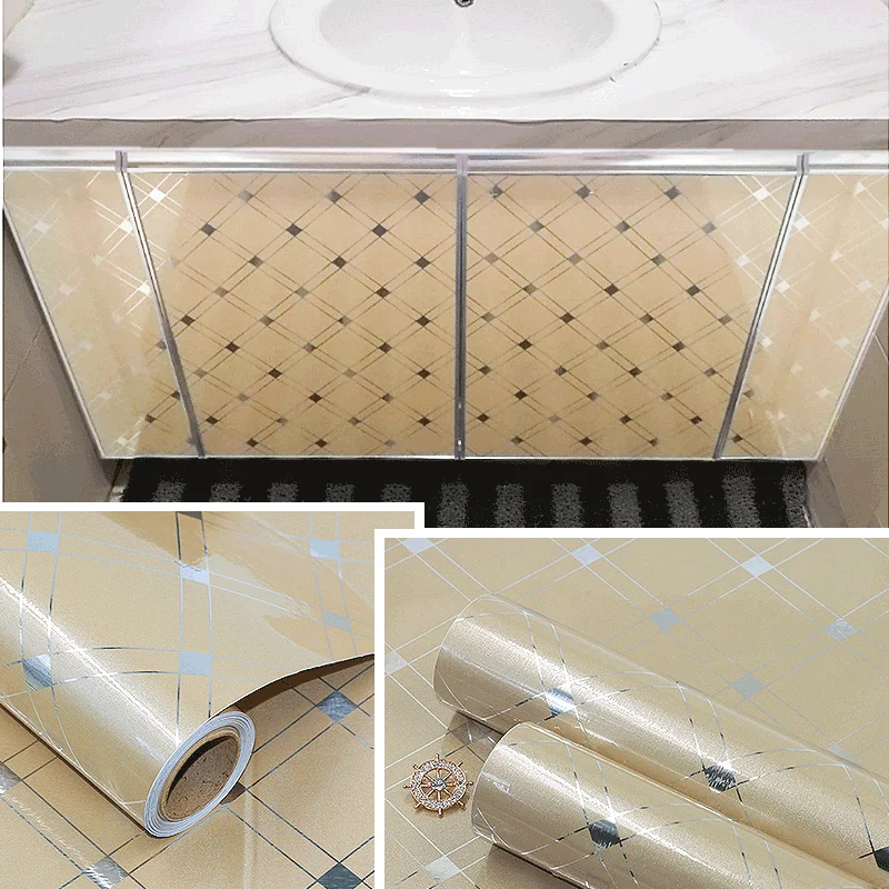 PVC Cabinet Renovation Sticker Gold Grid Self Adhesive Wallpaper Desktop Wardrobe Refrigerator Waterproof Oil Proof Kitchen Film