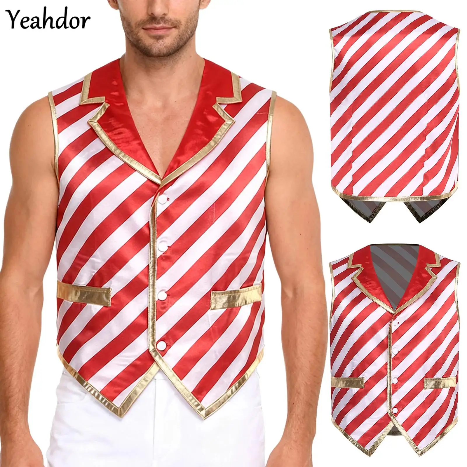 

Men Christmas Candy Cane Striped Vest Waistcoat Metallic Shiny Hip-hop Jazz Dance Jacket Xmas Elf Circus Cosplay Santa Claus Top